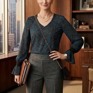 CABI Teal Bell Sleeve Shadow Leaf Blouse Size XS #3763